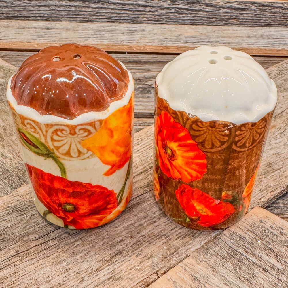 Retro Poppy Themed Ceramic Salt and Pepper Shaker Set, 3”H x 2”W - Picture 3 of 6